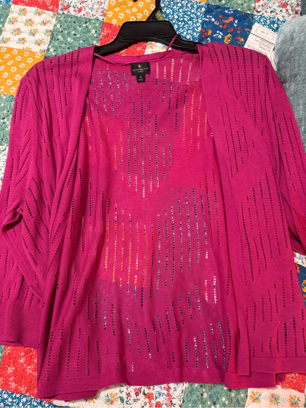Worthington Open-Front Pointelle Cardigan in Magenta